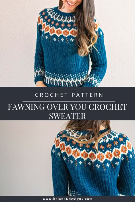 Fawning Over You Crochet Sweater is the perfect piece to master the skill or show off your knowledge. This sweater is worked in Valley Yarns Northampton, which provides warmth as well as clear stitch definition, allowing the colorwork design to really pop. It’s as fun to crochet as it is to wear. How To Style A Cardigan, Crochet Sweater Free, Christmas Crochet Patterns Free, Crochet Cardigans, Baby Frock Pattern, Crochet Jumper, Frock Patterns, Valentines Crochet, Christmas Tops