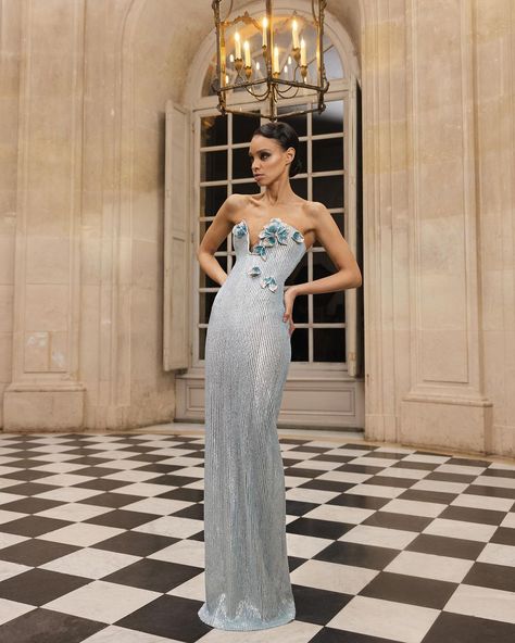 Dive into FW25 celestial blue sequined gown, intricately beaded and paired with a floral jewelry piece by #SOPHIECOUTURE artisans, each… | Instagram Blue Beaded Dress, Royal Gala, Sequined Gown, Celestial Blue, Elegant Dresses Classy, Royal Outfits, Floral Jewelry, Gala Dresses, Streetwear Fashion Women