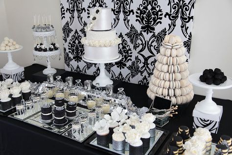 Glamorous Black and Silver and White Dessert table by Divine Sweets and Cakes | Flickr - Photo Sharing! White Dessert Tables, Black White Parties, White Desserts, Diamond Party, Big Company, Silver Party, Silver Table, Table Inspiration, Fashion Cakes