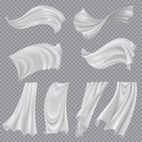 Free vector realistic fluttering cloths ... | Free Vector #Freepik #freevector #drape #flying-cloth #drapery #silk-cloth Flying Clothes Drawing, Flying Curtain, Draped Cloth, Drape Drawing, Silk Illustration, Silk Drawing, Draped Cloth Drawing, How To Draw Draping Fabric, Drapes Illustration