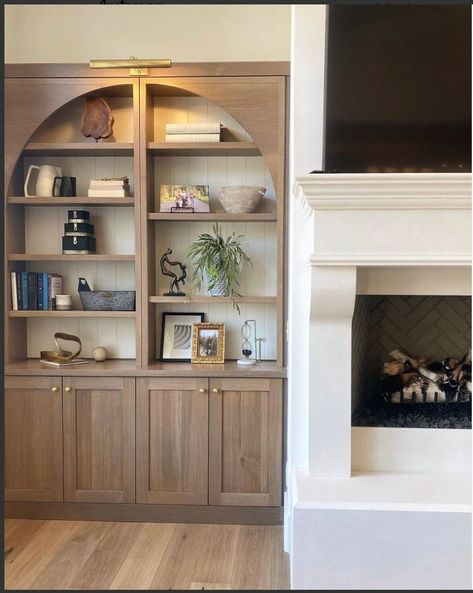 Living Room Built In Cabinets, Tall Ceiling Living Room, House Tweaking, Living Room Built Ins, Stairs In Living Room, Built In Cabinet, Fireplace Built Ins, Living Room Corner, Living Room Decor Fireplace