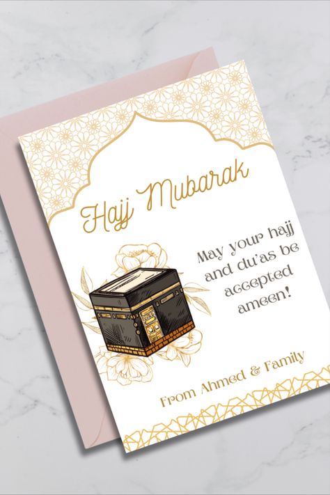 Personalized Hajj Mubarak Cards for your loved ones returning from Hajj. Great gift idea for your family and friends. Simply print and use the card. Hajj Mubarak Gift Ideas, Hajj Party, Social Media Images Design, Hajj Mubarak, Baby Print Art, Images Design, Calligraphy Art Print, Baby Print, Easy Canvas