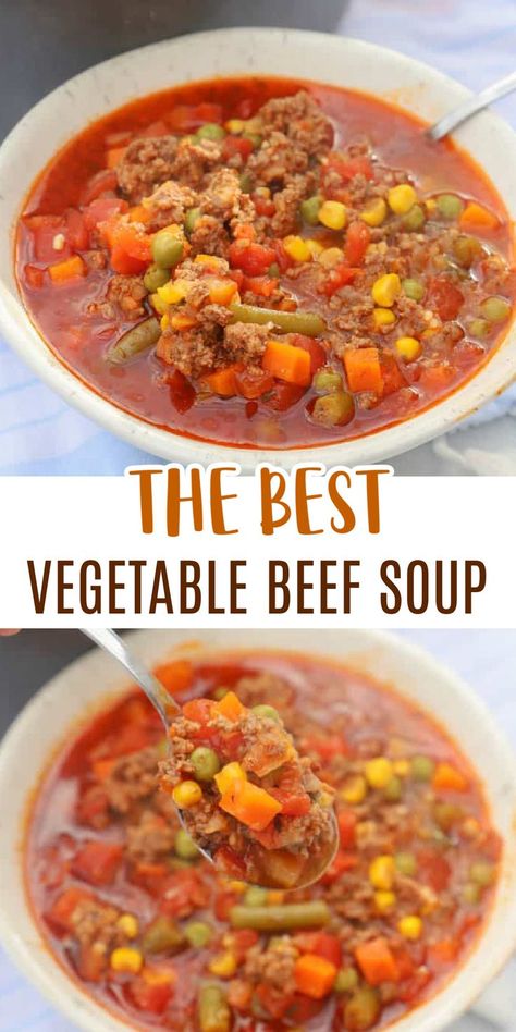 Homemade Veggie Soup With Beef, Beef And Vegetable Soup Recipes, Busy Day Vegetable Soup, Vegetable Beef Soup With Canned Veggies, Vegetable Soup Recipes Beef, Easy Homemade Vegetable Beef Soup, Crock Pot Beef Vegetable Soup Recipe, Veg Beef Soup Recipes Crock Pot, Vegetable Ground Beef Soup Crockpot