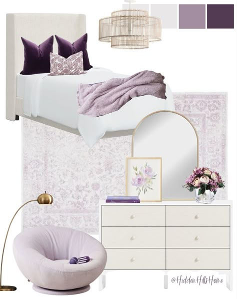 Cream and purple girls bedroom design with a cream upholstered bed and purple accents throughout Purple Bedroom Design Lavender, Lavender Purple Bedroom, White Gold And Purple Bedroom, Purple Teenage Room, Girls Bedroom Ideas Lavender, Cream And Lavender Bedroom, Lilac And Gold Bedroom, Lavender Teenage Girl Bedroom, Purple Pillows Bedroom