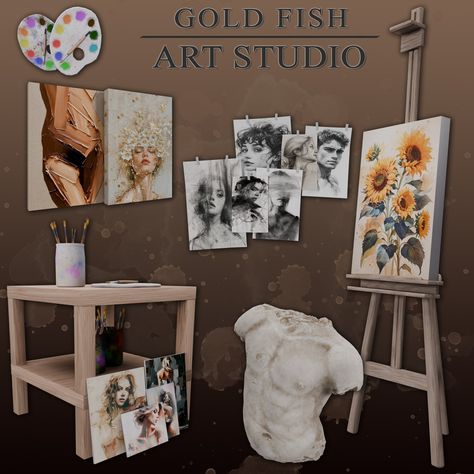 Gold Fish Art Studio 🎨 -Functional easel -Easel with unique paintings (decorative) -Set of brushes in a jar -Paint palette -Set of paintings -Sketches -Table -Sculpture Download link in bio 🆓#sims #sim #sims4 #sims4cc #simscustomcontent #sims4interior #simstagram #thesims #thesims4cc#sims #sims4 #simscreation #thesims4 #simscustomcontent #simscc Sims 4 Painting Mod, Sims 4 Art Studio, Gold Fish Art, Goldfish Art, Table Sculpture, The Sims 4 Pc, Easel Painting, Decorative Set, Sims 4 Cc Packs