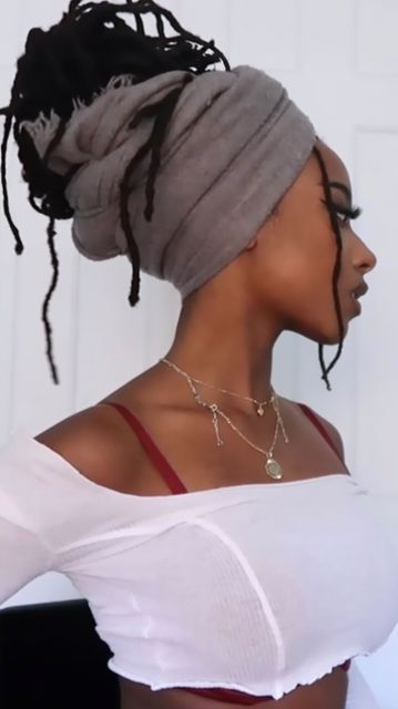 Updo Dread Styles For Women, Lox Journey, Headwrap Ideas, Female Dreads, Dreads Styles For Women, Headwrap Hairstyles, Long Dreads, Braided Scarf, Hair Wrap Scarf