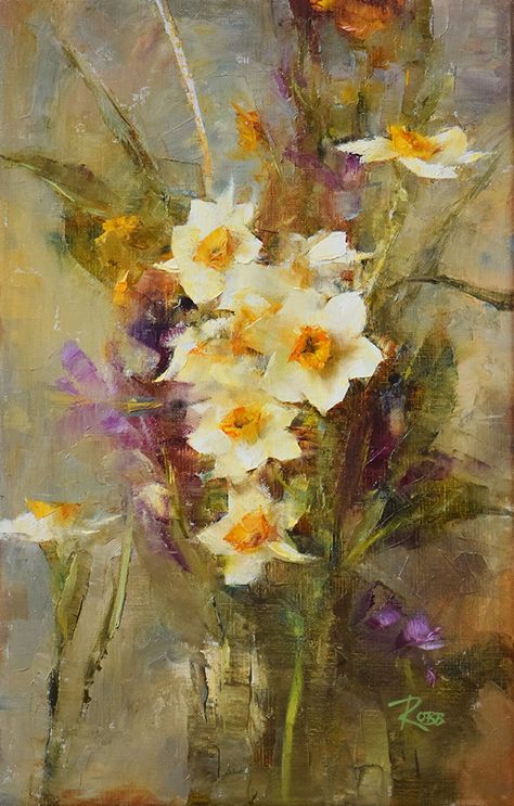 Bouquet with Narcissus by Laura Robb, Oil, 14 x 9 Laura Robb, Piskel Art, Narcissus Flower, Sunflower Pictures, Life Paint, Sunflower Wallpaper, Dream Artwork, Tattoo Cover, Hanging Paintings