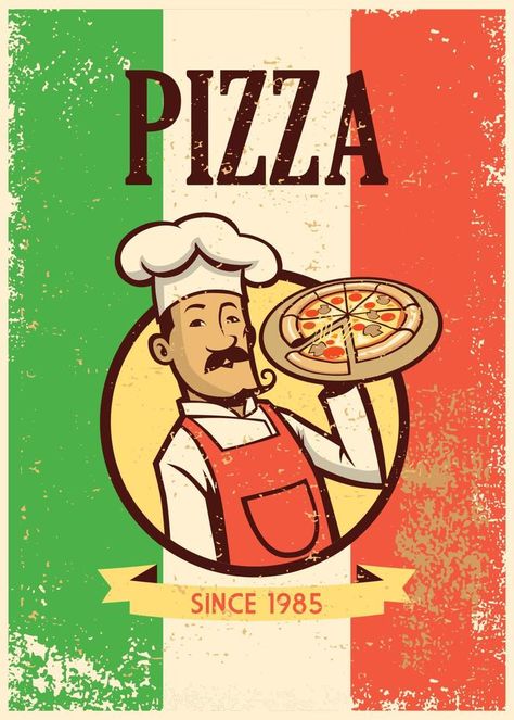 retro style chef presenting a plate of pizza Pizza Vector, Pizza Poster, Pizza Art, Flag Painting, Brick Wall Background, Italy Photography, Applied Arts, Mascot Design, Badge Design