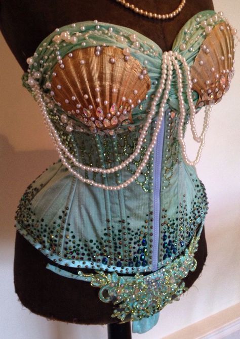 Unique Mermaid Costume, Mermaid Pirate Outfit, Siren Ren Faire Costume, Siren Burlesque, Ocean Corset, Seashell Corset, Mermaid Inspired Fashion, Mermaid Clothes Aesthetic, Diy Mermaid Top