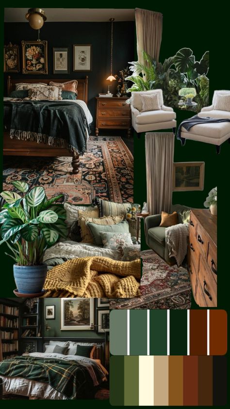 Dark Green Color Palette Bedrooms, Swamp Witch Aesthetic Bedroom, Moody Bedroom Inspiration, Eclectic Maximalism Apartment, Dark Green And Brown Bedroom, Earthy Moody Bedroom, Moody Earthy Bedroom, Dark Cottagecore Aesthetic Bedroom, Green Moody Bedroom