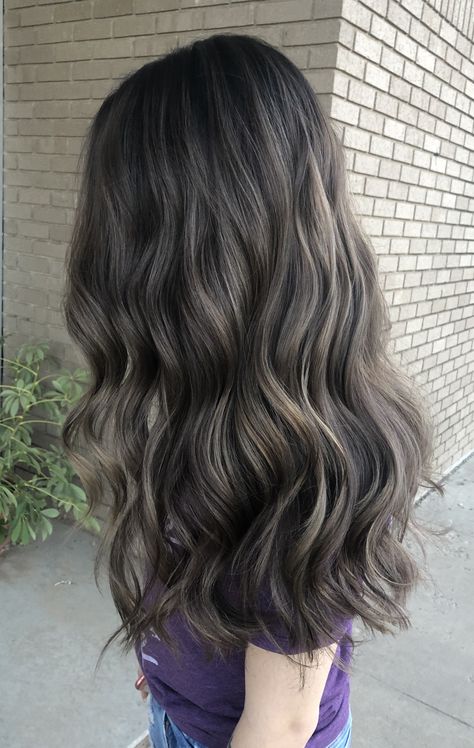 Dark Ash Gray Balayage, Ash Beige Balayage On Black Hair, Smoky Brown Hair With Highlights, Beige Brown Balayage On Dark Hair, Dark Ash Highlights On Dark Hair, Babylights Ash Brown, Ash Brown Shadow Balayage, Skeleton Brown Hair, Mushroom Brown Babylights