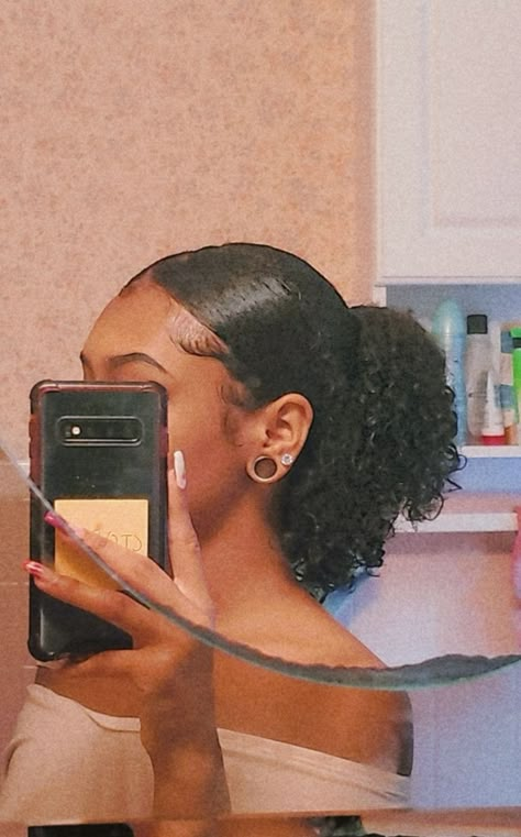 Half up and half down. Slick back ponytail. Edges. Stretched ears. Gauge Ears Black Women, Ear Gauges Aesthetic Black Women, Gauges On Black Women, Ear Gauges Black Women, Guages With Piercings, Stretched Ears Black Women, Small Gauges Women, Gauges Black Women, Gauged Ears Women