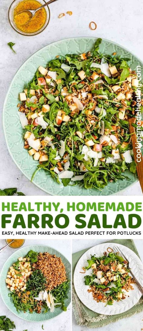 Farro Salad is a flavorful, heart-healthy make-ahead dish that's perfect for potlucks. Under 300 calories and made with whole grain Farro, arugula, apples, pecans, & vinaigrette. Farro Salad Recipes, Farro Recipes, Quick Easy Healthy Meals, Make Ahead Salads, Under 300 Calories, Farro Salad, Grain Salad, 300 Calories, Arugula Salad