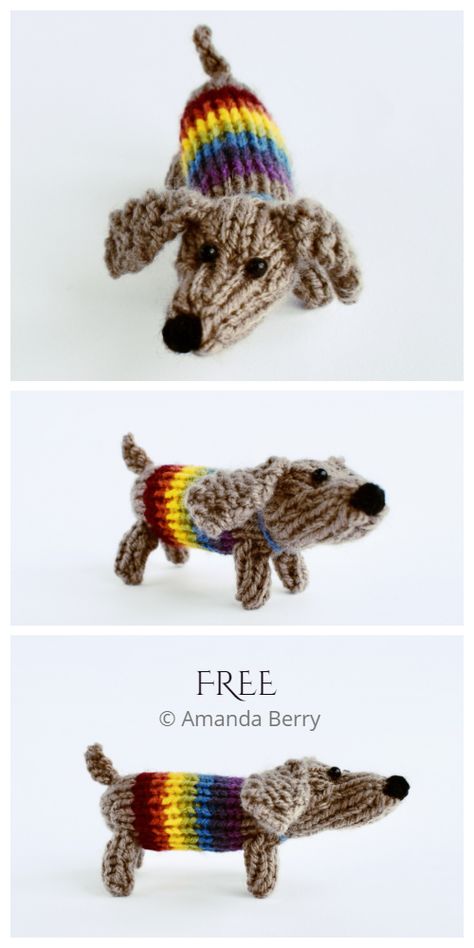 Amigurumi Sausage Dog Free Knitting Patterns - Knitting Pattern Knitted Animals Free Patterns Easy, Small Knitting Projects Free, Knitted Dachshund, Knit Animals, Knitting Patterns Free Dog, Christmas Knitting Patterns Free, Miniature Knitting, Animal Knitting Patterns, Knitting Patterns Toys