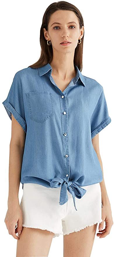 Escalier Women's Denim Button Down Tie Front Shirt Chambray Tencel Short Sleeve Blouse Top Light Blue Small at Amazon Women’s Clothing store Sleeveless Denim Shirt, Short Sleeve Denim Shirt, Casual Plaid Shirt, Women Dresses Casual Summer, Tie Front Shirt, Women Chiffon Blouse, Business Casual Shirts, Jean Shirt, Womens Denim Shirt