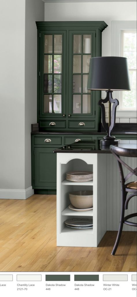 Backwoods Benjamin Moore Cabinets, Dakota Shadow Benjamin Moore, Benjamin Moore Dakota Shadow, Benjamin Moore Peale Green Cabinets, Mismatched Kitchen Cabinets, Mismatched Kitchen, Green White Kitchen, White Kitchen Paint Colors, Benjamin Moore Kitchen