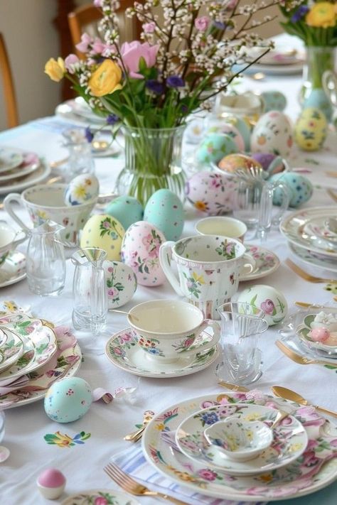 Easter Dinner Table Decorations, Easter Table Setting Ideas, Themed Tablescapes, Easter Hosting, Colorful Tablescapes, Easter Dinner Table, Easter Feast, Easter Table Setting, Easter Vibes