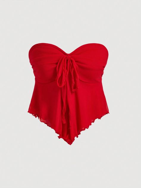 SHEIN MOD Women's Net Yarn Strapless Top With Pointed Hemline And Bow Tie BeltI discovered amazing products on SHEIN.com, come check them out! Red Strapless Top, Top Rojo, Stray Kids Outfits, Red Tops, Summer Crop Tops, Easy Trendy Outfits, Simple Trendy Outfits, Red Top, Women Tops