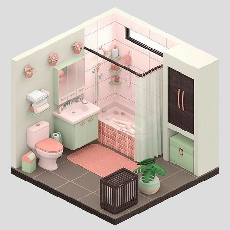 Sims Small Bathroom, Sims 4 Small Bathroom, Sims Decor Ideas, Sims 4 Bathroom Ideas, Isometric Bathroom, Sims Bathroom, Sims 4 Bathroom, Isometric Room, 3d Bathroom Design