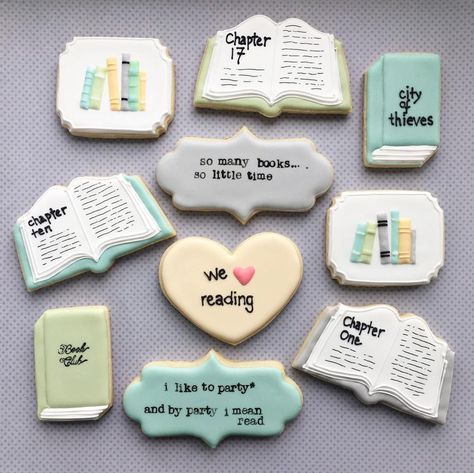 Book Cookies Ideas, Book Club Hosting Decor, Books Cookies Decorated, Library Cookies Decorated, Royal Icing Book Cookies, Book Royal Icing Cookies, Book Shaped Cookies, Book Club Cookies Decorated, Book Sugar Cookies Decorated