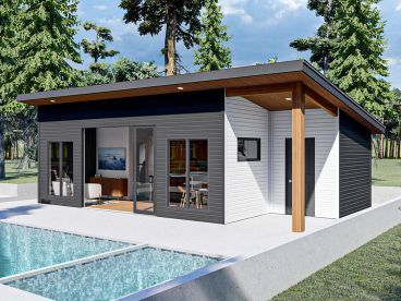 Mini House With Pool, Lean To Pool House, L Shaped Pool House, Mini Pool House, Pool House Designs Layout, Pool House Garage Combo, Small Pool Houses Sheds, Diy Pool House Shed, Pool House Gym