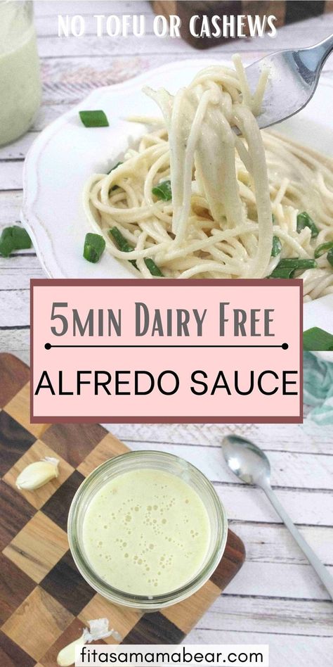 Pin image with text: two images, the top one of a white bowl with alfredo sauce and noodles and green onions in it and the bottom of an overhead shot of coconut milk alfredo sauce in a mason jar on a wooden cutting board with garlic, a spoon, and a blue linen around it Dairy Free Alfredo Sauce Easy, Non Dairy Alfredo Sauce, Homemade Alfredo Sauce Easy, White Sauce Spaghetti, Dairy Free Alfredo, Alfredo Sauce Easy, Dairy Free Alfredo Sauce, Sauce For Pasta, Sauce Spaghetti