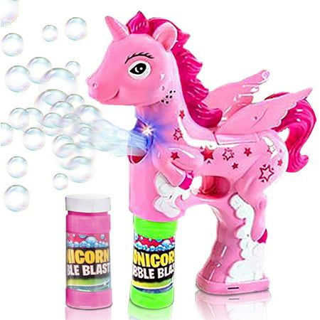 Bubble Blaster With An Extra-Cute Twist Let the adorable bubbly fun begin! This 5 inch unicorn bubble blaster will have the kiddos giggling in glee. It comes 1 in a set with 2 (2 oz.) bubble solution and produce multiple effects to make playtime fantastical. Pressing the trigger not only produces a beautiful stream of bubbles from the unicorns chests but also lights up the room with an eye-catching LED light show and punctuates the air with dynamic sound effects. Looking for a cool gift your lit Bubble Blowing Toys, Bubble Blowing, Age Appropriate Toys, Bubble Solution, Toy Machine, Summer Toys, Developmental Toys, Pink Unicorn, Educational Toys For Kids