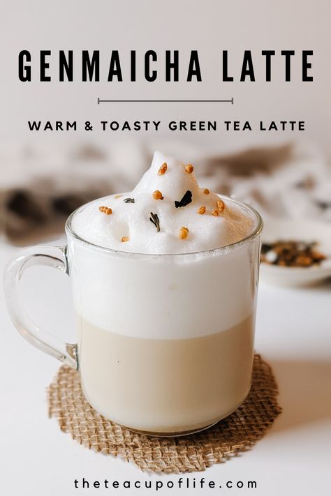 Genmaicha is a Japanese green tea blended with roasted brown rice. Top this nutty and warm tea with frothed milk for a comforting and approachable green tea latte. This latte is low in caffeine so it can be enjoyed later in the day, too. Milky Drinks, Genmaicha Tea, Mixology Recipes, Tea Lattes, Tea Latte Recipe, Caffeine Drinks, Mlem Mlem, Green Tea Latte, Frothing Milk