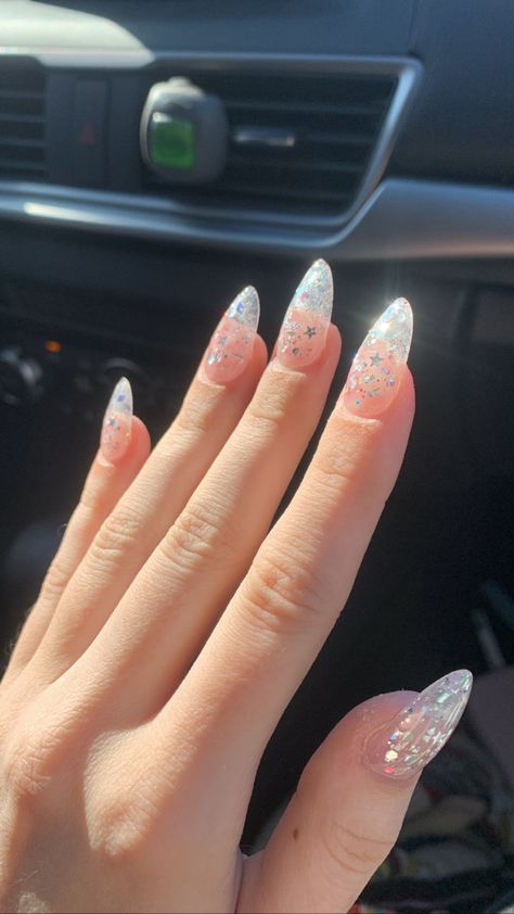 Nice Sparkly Nails, Clear Sparkle Almond Nails, September Nails Sparkle, Clear And Glitter Acrylic Nails, Clear Glittery Acrylic Nails, White Almond Nails With Design Glitter, Clear Glittery Nails, Birthday Nails Almond Glitter, Clear Nails Almond