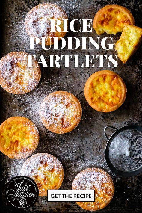 Freshly baked tartlets sprinkled lightly with powdered sugar with text "rice pudding tartlets, get the recipe." Italian Rice, Tartlets Recipe, Summer Recipe, Breakfast Pastries, Summer Cooking, Shortcrust Pastry, Fruit Tart, Rice Pudding, Delicious Breakfast