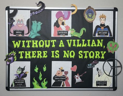 Disney Villains Bulletin Board, Book Characters Bulletin Board, Villian Decorations, Disney Villain Decorations, Haunted Mansion Classroom Door, Library Bulletin Board Ideas High School, Disney Library Bulletin Boards, Disney Villains Decorations, Wicked Bulletin Board