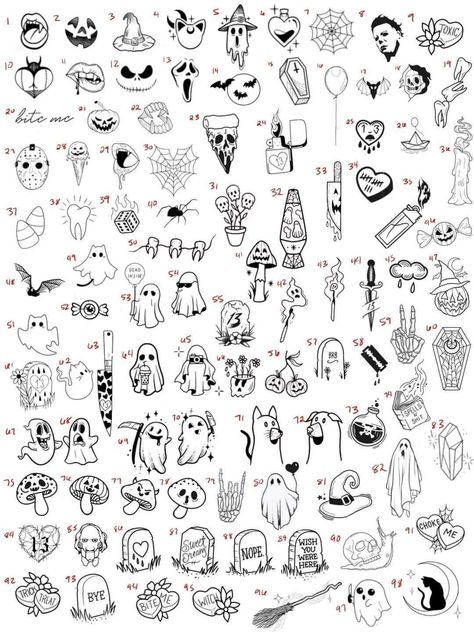 Mini Witchy Tattoos, Spooky Outline Tattoos, Halloween Finger Tattoos For Women, Minimal Halloween Tattoo, Halloween Tiny Tattoo Flash Sheet, Halloween Tattoo Ideas Small Simple, Cute Small Halloween Tattoos For Women, Small Witchy Tattoos Simple, Cute Mini Tats