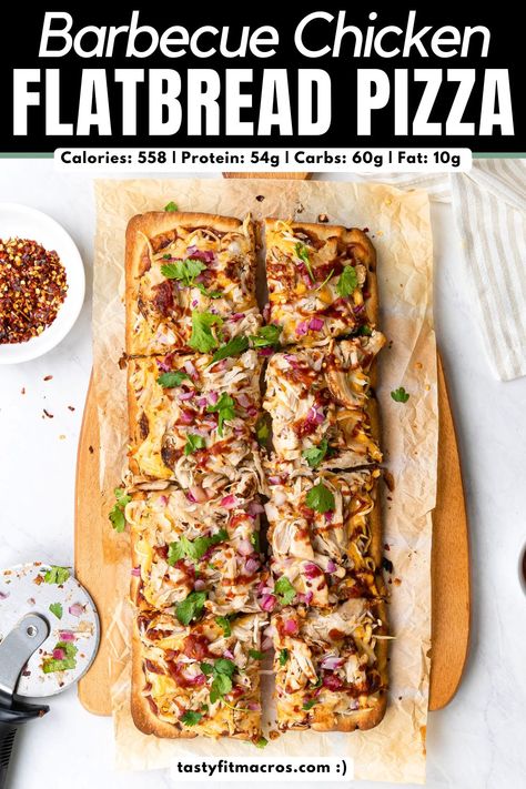 BBQ Chicken Flatbread Pizza (Macro-Friendly) | Tasty Fit Macros Macro Pizza Recipe, Macro Friendly Pizza Crust, Macro Friendly Flatbread Pizza, Macro Buffalo Chicken, Barbecue Chicken Flatbread Pizza, Bbq Chicken Flatbread Pizza, Macros Recipes, Low Carb Flatbread, Bbq Chicken Flatbread