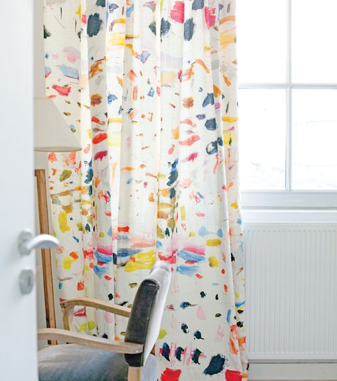 Curtain Painting Ideas, Fun Drapes, Salon Curtains, Colorful Cabin, Fun Curtains, Living Curtains, Eclectic Curtains, Studio Corner, Eclectic Kids Room