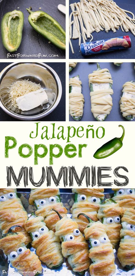 Snack Halloween, Fun Halloween Snacks, Mummy Recipes, Easy Halloween Snacks, Halloween Party Appetizers, Halloween Snack, Halloween Party Snacks, Jalapeno Popper, Halloween Appetizers