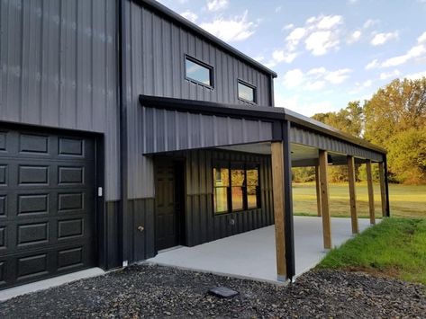 Dark Grey Shop Exterior, Modern Metal Shop Building, Charcoal Gray Metal Shop, Steel Building Color Combinations, Farmhouse Garage Ideas, Pole Barn Colors, Garage Loft Ideas, Steel Garage Buildings, Shop With Living Quarters