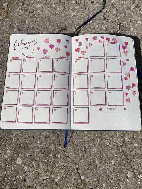 Journal Themes February, February Diy Calendar, Planer February, Bujo Heart Theme, February Bulletin Journal Ideas, February Mood Tracker Bullet Journal, Bulett Journal Ideas February, Planner Ideas February, Febuary Spreads Bullet Journal