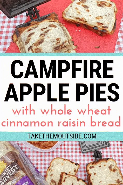 Looking for a new easy campfire recipe? Try using cinnamon raisin bread with your apple pie filling in your pie iron next time! These campfire apple pies are sure to please kids and adults alike... they're perfect for breakfast, lunch, or dinner! #campfirerecipe #campingfood Campfire Apple Pie, Whole Wheat Cinnamon Raisin Bread, Pie Iron Cooking, Camping Breakfasts, Hobo Pies, Campfire Pies, Pie Irons, Easy Campfire Meals, Pie Iron Recipes