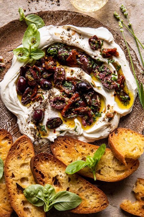 Honey Whipped Goat Cheese with Marinated Olives | halfbakedharvest.com Feta Goat Cheese Dip, Whipped Cheese Appetizer, Honey Goat Cheese Recipes, Whipped Goat Cheese Dip, Honey Whipped Goat Cheese, Goat Cheese Honey, Roasted Olives, Goat Cheese Dip, Half Baked Harvest Recipes