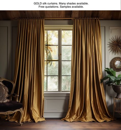 FABRIC SAMPLE - GOLD REAL SILK FOR MTM WINDOW CURTAINS. DOOR. DRAPES, BAY, PATIO Bay Window Drapes, Curtains Pinch Pleat, Door Drapes, Curtains Door, Curtains Fabric, Curtains Blackout, Bedroom Drapes, Gold Curtains, Silk Curtains