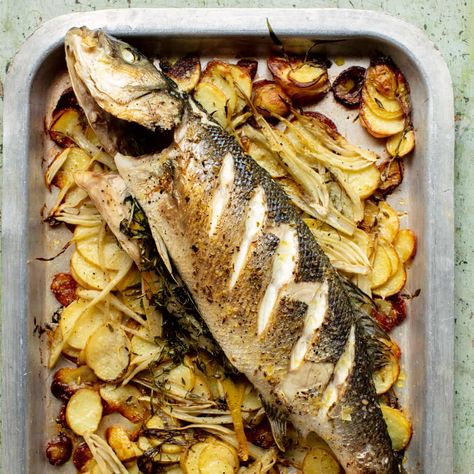 Debora Robertson’s updated Sunday lunch: whole roast sea bass recipe | Food | The Guardian Baked Sea Bass Recipes, Bass Recipes, Baked Sea Bass, Justine Schofield, Sea Bass Recipes, Lemon Recipe, Baked Mushrooms, Whole Fish, Nigel Slater