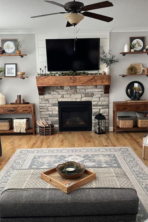 Wall Living Room Ideas, Decor For Fireplace, Farmhouse Fireplace Decor, Cozy Living Room Decor, Living Room Decor Farmhouse, Tv Over Fireplace, Storage Living Room, Room Ideas Living Room, Room Decor Farmhouse