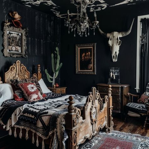 Goth Western Aesthetic Home, Western Gothic Decor Bedroom, Western Gothic Bedroom, Southern Gothic Room, Southern Gothic Bedroom, Dark Western Bedroom, Witchy Rooms, Western Gothic Decor, Dark Moody Decor