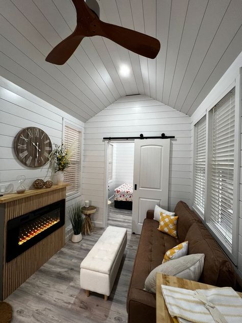 26-ft. Tiny Home with First Floor Bedroom By New Creation Tiny Homes Tiny House With Bedroom On Main Floor, Long Narrow Tiny House, Tiny House First Floor Bedroom, Tiny Home No Loft, Tony Home Interior, Tiny House Porch Ideas, Tiny Home Floorplan Loft, Cozy Tiny House Interior, Tiny Home Layout Floor Plans