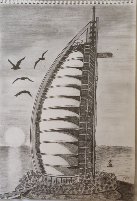 Burj Al Arab Sketch, Building Drawings Easy, Building Art Drawing Sketches, Building Sketches Pencil, Easy Building Sketches, Building Pencil Drawing, Burj Al Arab Drawing, Structural Drawing Building, Building Sketches Simple