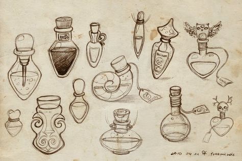 bottles Alchemy Bottles, Doodles Sketchbooks, Bottle Drawing, Drawing Doodles, Bottle Tattoo, Potion Bottles, Props Art, Desenho Tattoo, Witch Art