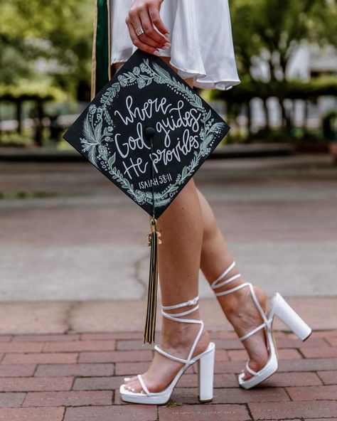 Bible Verse Graduation Cap, College Cap Decorations, Graduation Cap College, Bible Verse Graduation, Graduation Cap Pictures, Where God Guides He Provides, High School Graduation Cap Designs, Graduation Boards, College Grad Cap Ideas