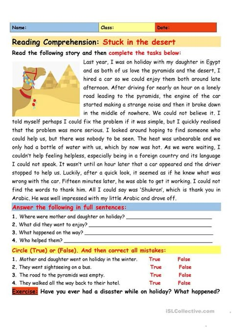 Reading Comprehension: Stuck in the Desert - English ESL Worksheets for distance learning and physical classrooms Fifth Grade Reading Comprehension, English Comprehension For Grade 4, Pre Kindergarten Worksheets, Reading Comprehension Passages Grade 3, English Conversation For Kids, Esl Reading Comprehension, Reading Comprehension Texts, Writing Comprehension, Reading Comprehension For Kids