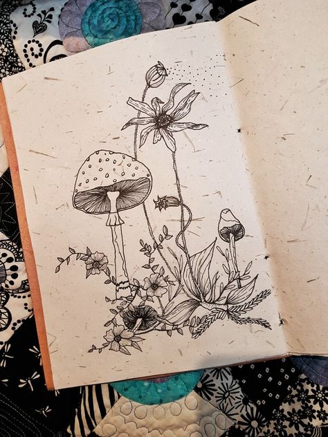 A forest of mushrooms and flowers drawn in my art journal Flowers And Mushrooms Drawing, Mushroom Scene Tattoo, Mushroom And Wildflower Tattoo, Mushroom Wildflower Tattoo, Flowers And Mushrooms, Flower Mushroom Tattoo, Drawn Mushrooms, Gothic Mushroom Tattoo, Wildflower Drawing Tattoo