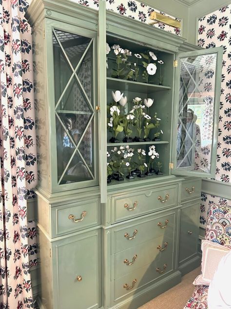 Sage Green China Cabinet, China Cabinet Styling, Green China Cabinet, Repaint Furniture, Amy Studebaker, China Hutch Makeover, Refurbished Items, Beach Trailer, Furniture Remake